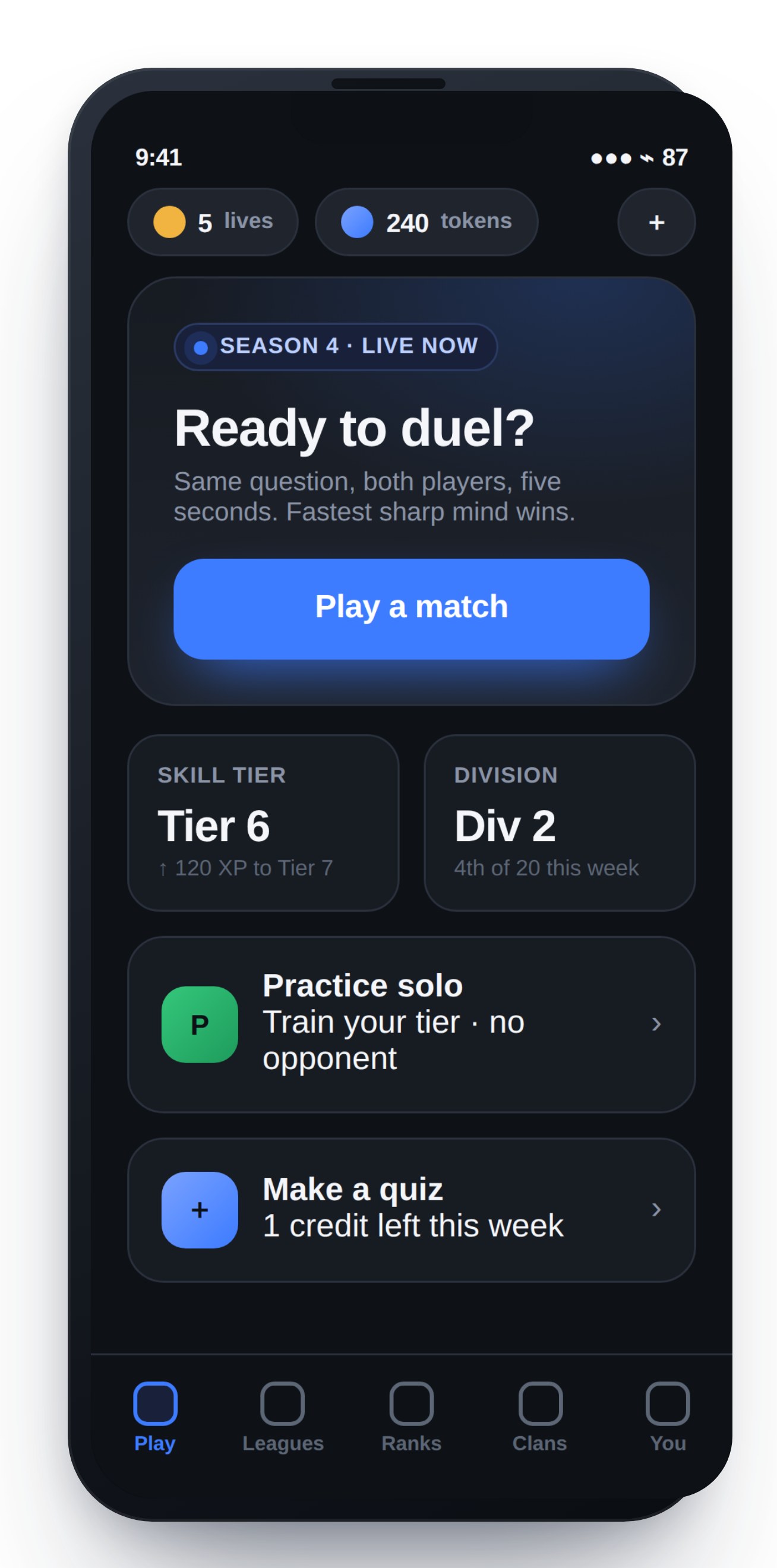 Quiz Arena — Lobby & season progress